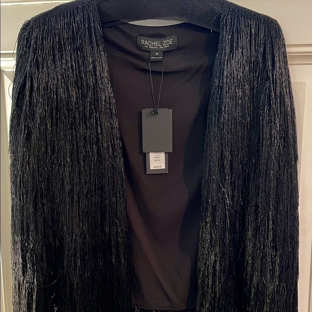 Rachel Zoe Isla Metallic Fringe Jacket Cardigan Black Medium.